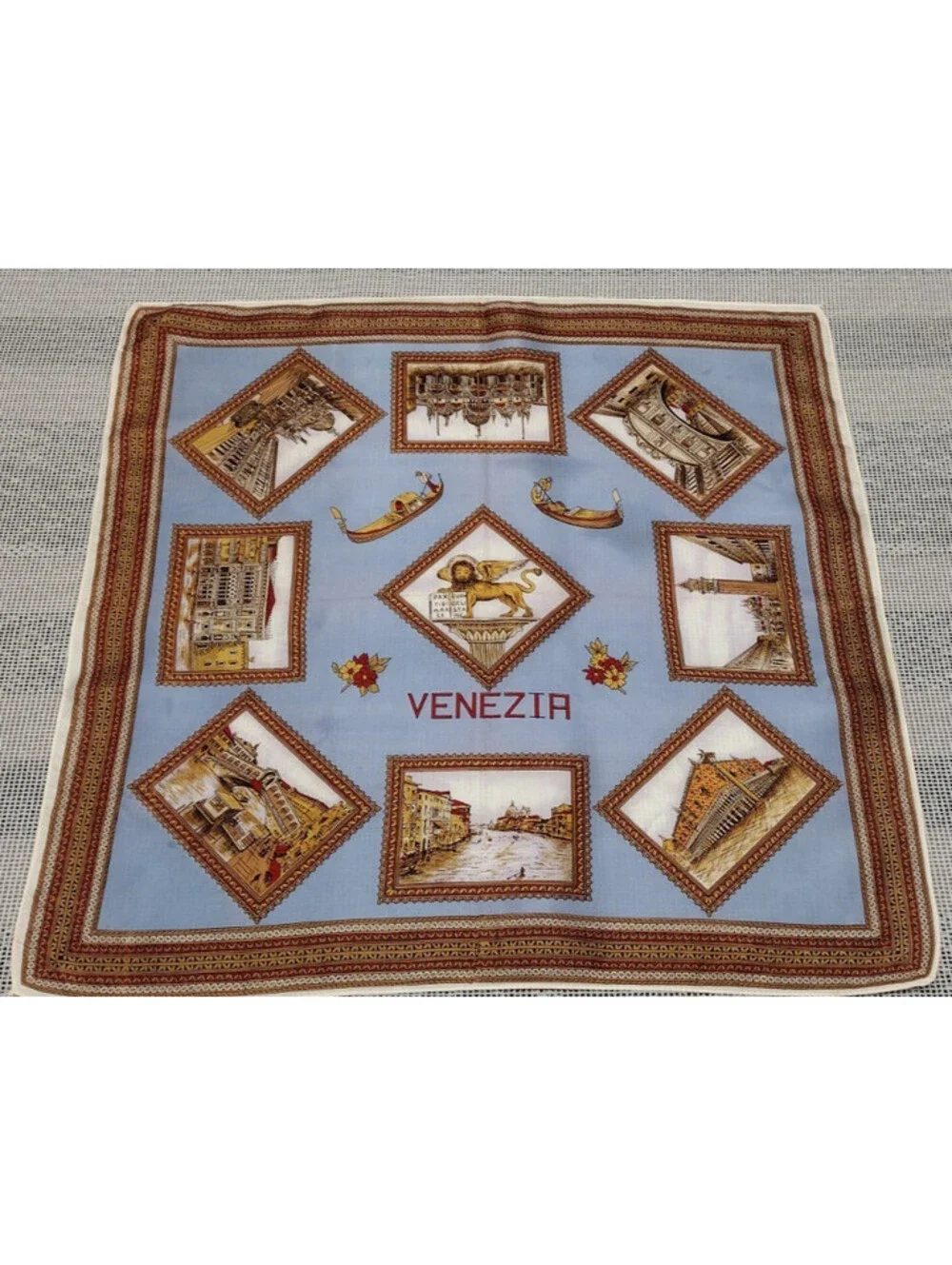 Vintage 50s 60s VENEZIA ITALY Scarf Souvenir Brown Blue Acetate Rayon Sateen
